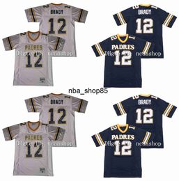 N85p 12 Tom Brady Jerseys Junipero Serra Padres High School Football Jersey Stitched Blue White Size S-XXXL