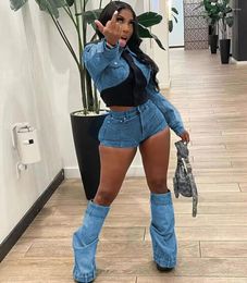 Women's Tracksuits Echoine Long Sleeve Turn Down Collar Denim Patchwork Shirt And Jeans Shorts Women Streetwear Y2K Matching Set Club Party