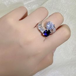 Cluster Rings Fashion Shiny Blue White Zircon Adjustable Ring 925 Stamp For Women Birthday Gifts Wedding Bridal Jewelry