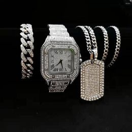 Wristwatches Watch Necklace Bracelet Men 3pcs Luxury Iced Out Bling Cuban Chains Fashion Jewellery Square Pendant Mens Gold Watches