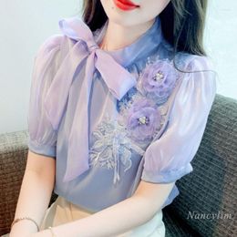 Women's Blouses Summer Violet Purple Blouse For Women Shoryt Puff Sleeve Chiffon Shirt Women's 2023 Chic Top Three-dimensional Flower