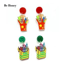 Cute Little Box Of Crayons Red Stationery Barrel With Pencils Ruler Scissor And Brush Acrylic Stud Funny Earrings For Women