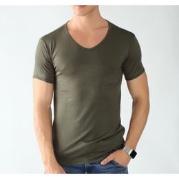 2pcs/Lot Men's V-Neck T-Shirt Modal elastic Short Sleeve Solid Color Muscle Fit T Shirt Men Top Tees Plus Size