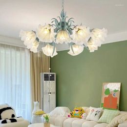 Pendant Lamps French Pastoral Orchid Living Room Chandelier Bedroom Lamp Fresh Dark Green Handmade Iron Lighting