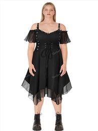 Dress Rosegal Gothic Grommet Lace Up Mini Dress Summer S5xl Black High Waist Cold Shoulder Mesh Handkerchief Aline Ruffles Dresses