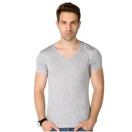 Men's V-Neck T-Shirt Bamboo Fibre elastic Short Sleeve Solid Colour Muscle Fit T Shirt Men Top Tees szie