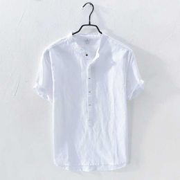 New Fashion Linen Tshirt for Summer Men Casual Mandarin Collar T-shirt Short Sleeve Half Button Closure Pullover T