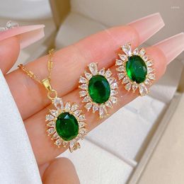 Necklace Earrings Set 316L Stainless Steel Chain Emerald Crystal Light Luxury Micro Zircon Earring Combination For Women