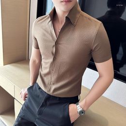 Men's Casual Shirts British Style Summer Waffle V-neck Shirt Men Short Sleeve Slim Business Formal Dress Social Party Tuxedo Blouse