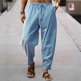 Men's Pants Men Loose Solid Color Elastic Waist Wide Leg Cotton Linen Trousers Drawstring Pant Summer Plus Size Causal Breathable