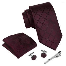 Bow Ties Ikepeibao Classic Wine Checked Plaid Men Vintage Necktie Sets With Hankie Metal Cufflinks And Clip Set St. Valentine's Day Work