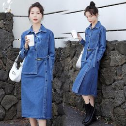 Casual Dresses Spring Autumn Women Retro Loose Turn-Down Collar Solid Sashes Pocket Button Jeans For Females Denim One-Piece