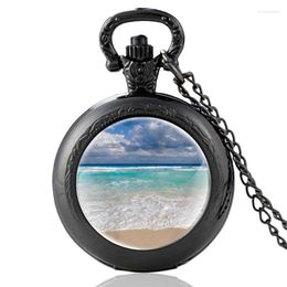 Pocket Watches 2023 Beach Design Black FOB Quartz Watch Pendant Clock Men Women Charm Glass Dome Necklace Gifts