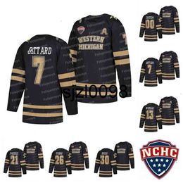 Sj98 West Michigan Broncos Black College Hockey Jersey 2022 NCHC 7 Ronnie Attard 13 Drew Worrad 21 Josh Passolt 26 Ethen Frank 30 Brandon Bussi