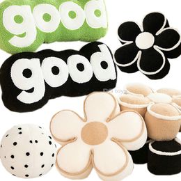 Plush Dolls Nordic Elegant Black WhiteCamellia Flower Cushion Good Words Pillow Stuffed Classic Dot Ball Blossom Chair Sofa Seat Home Decor 230603