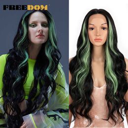 Synthetic Lace Wigs Long Wavy Purple Green Ginger Lace Front Wig 13x1 Middle Part Highlight Cosplay Wigs For Women 230524