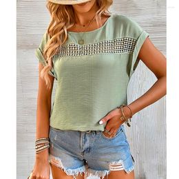 Women's T Shirts Women Pullover Short Sleeve O-Neck Female T-Shirt Hollow Out Design Solid Color Lace Decor Ladies Tops Casual Summer