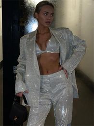 Women's Two Piece Pants 2023 Glitter Silver Party Set Women Club Night Outfits Fashion Sparkly Blazer Matching Sets Femme Tracksuit