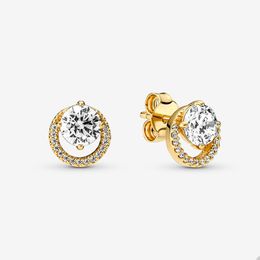 Golden Round Halo Stud Earrings for Pandora Crystal Diamond Wedding Party Earring Set designer Jewellery For Women Girls Sparkling Gold earring with Original Box