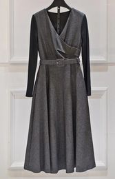 Casual Dresses Top Quality 2023 Autumn Winter Dress Women V-Neck Belt Deco Long Sleeve Mid-Calf Length Party Elegant Grey Black XXL