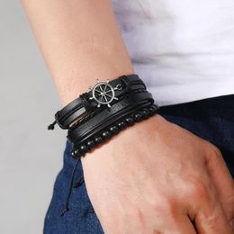 Charm Bracelets Wholesale Of Men's Ocean Wind Ship Rudder Sailor Simple Leather Multi-Layer Fashion Bracelet