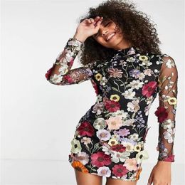 Casual Dresses Summer Runway Designer Elegant Dress Women Long Sleeve Lace Mesh Flower Embroidery Party Gowns