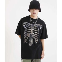 washed old skeleton T-shirt tide high street loose short sleeve white ink printing