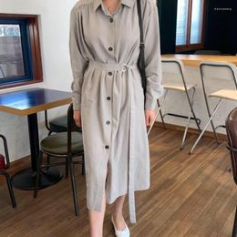 Casual Dresses Retro 2023 Women Autumn Fashion Temperament Single-Breasted Solid Color Lapel Elegant Female Outwear Long Dress