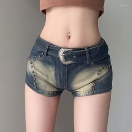 Women's Jeans Tie Dye Print Harajuku Rivet Denim Shorts Low Waist Women Grunge Y2K Sashes Short Summer Streetwear Pockets Pants Skinny