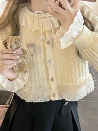 Women's Knits Lace Hem Ruffle Cropped Cardigan Women Japanese Kawaii Fashion O-neck Casual Thin Knitted Sweater Coat Autumn Y2k