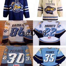 Sj98 Toledo Walleye 22 Naurato 30 Pearce 35 Pearce 86 Evan Rankin 100% Embroidery Custom any name or number Mens Womens Youth Hockey Jersey