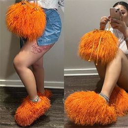 2023 New Fluffy Fur Slippers Plus Size Women Shoes Luxury Plush Home Slippers Lady Messenger Bag Bucket Bag Slipper Set