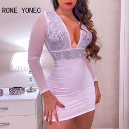 Dresses Women Solid Sexy Deep V Neck Rhinestone Long Sleeves Mesh Patchwork Bodycon Mini Sexy Party White Dresses