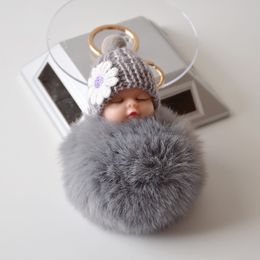 Plush Keychains Baby Doll Toy DropshipCute Sleeping Key Chains For Women Bag Ring Fluffy Pom pom Faux Fur 230603