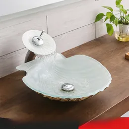 Factory Direct Sales of New Bathroom Glass Washbasin Scallop Art Table Basin Vegetable Washing Sink Waterfall Type Faucet KS15