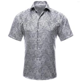 Men's Casual Shirts Hi-Tie Short Sleeves Mens Jacquard Silk Paisley Spring Summer Hawaii Shirt For Male Wedding Business Silver Blue Red