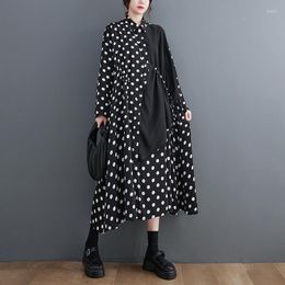 Casual Dresses European American Style Patchwork Print Polka Dots Chic Girl's Fashion Autumn Blouse Dress Dark Black Women Spring