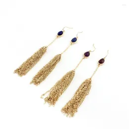 Dangle Earrings Light Yellow Gold Color Water Drop Amethysts Crystal With Tassels Lapis Lazuli Jewelry