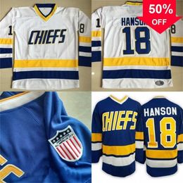 Mag Mit #18 Jeff Hanson Charlestown Jersey Mens Hanson Brother Slap Shot 100% Stitched Embroidery Movie Hockey Jerseys Blue White