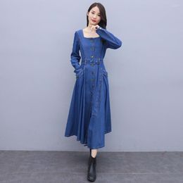 Casual Dresses Spring Autumn Women Jeans Single Button Collect Waist Slim Pockets Belt Sashes For Females Denim One-Piece