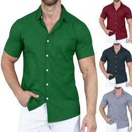 Men's Casual Shirts Summer Men's Solid Colour Lapel Button Loose Short-sleeved Shirt