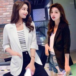 Women's Suits Cotton Linen Blazer Jacket Women Summer Outwear High Quality Single Button Notched Three Quarter Sleeve Top Q300