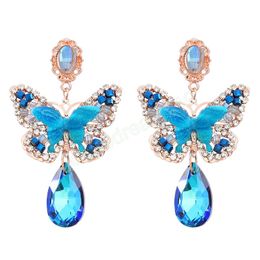 Fashion Metal Blue Rhinestone Butterfly Earrings Women's Elegant Lovely Dangle Earrings Banquet Jewellery Accessories