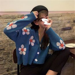 Women's Knits Women Fashion Loose Sweaters Knitwear Chic Style Flower Pattern Long Sleeve V-neck Button Down Cardigan Streetwear 2023