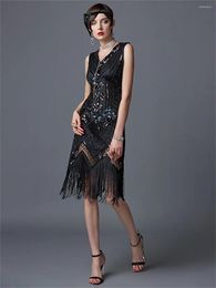 Casual Dresses Women's 1920s V-Neck Sequin Fringed Sleeveless Party Costumes Vintage Flapper Gatsby Tassel Evening Midi Dress