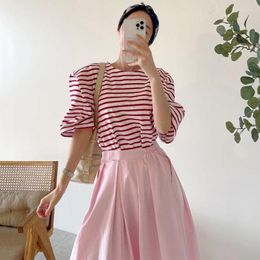 Work Dresses Korea Chic Wild Candy Colour Round Neck Loose Striped Five-point Sleeve T-shirt High Waist Pleated Skirt Long Female