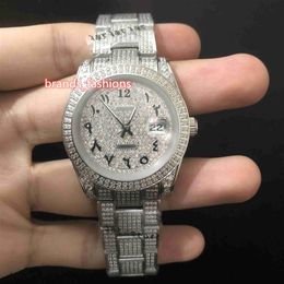 New Men's Ice Diamond Wristwatch Arabic Digital Scale Watch Silver Stainless Steel Case Diamond Strap Automatic Mechanical Wa255Q