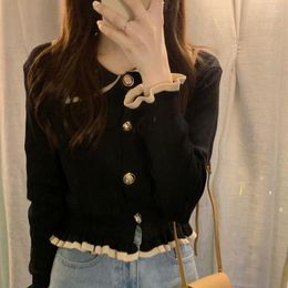 Women's Knits Korean Cropped Cardigan Y2K Fashion Sweaters Woman Sweater Ruffles Black White Cute Tops Fall 2023 Women Clothing