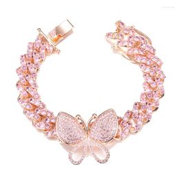Link Bracelets Hip Hop All Pink Stone Bling Iced Out Inlay Butterfly Solid Cuban Miami Chain For Men Women Rapper Jewelry