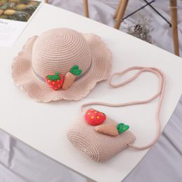 Hats 2023 Girls Kids Strawberry Summer Straw Hat With Handbag Children Sun Boys Panama Beach